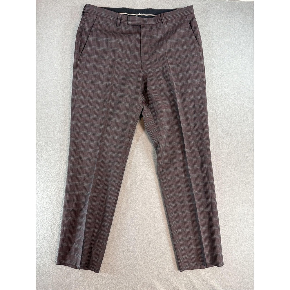 Hugo Boss Mens 34 Brown Regular Fit Plaid Dress Pants Tapered Formal 50390675